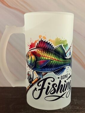 Frosted 16 oz Glass Beer Mug “Gone Fishing Weekend Hooker”  Bright Vivid Colors